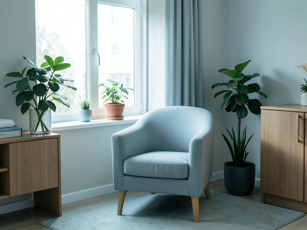 Calming clinical therapy room with natural light and plants