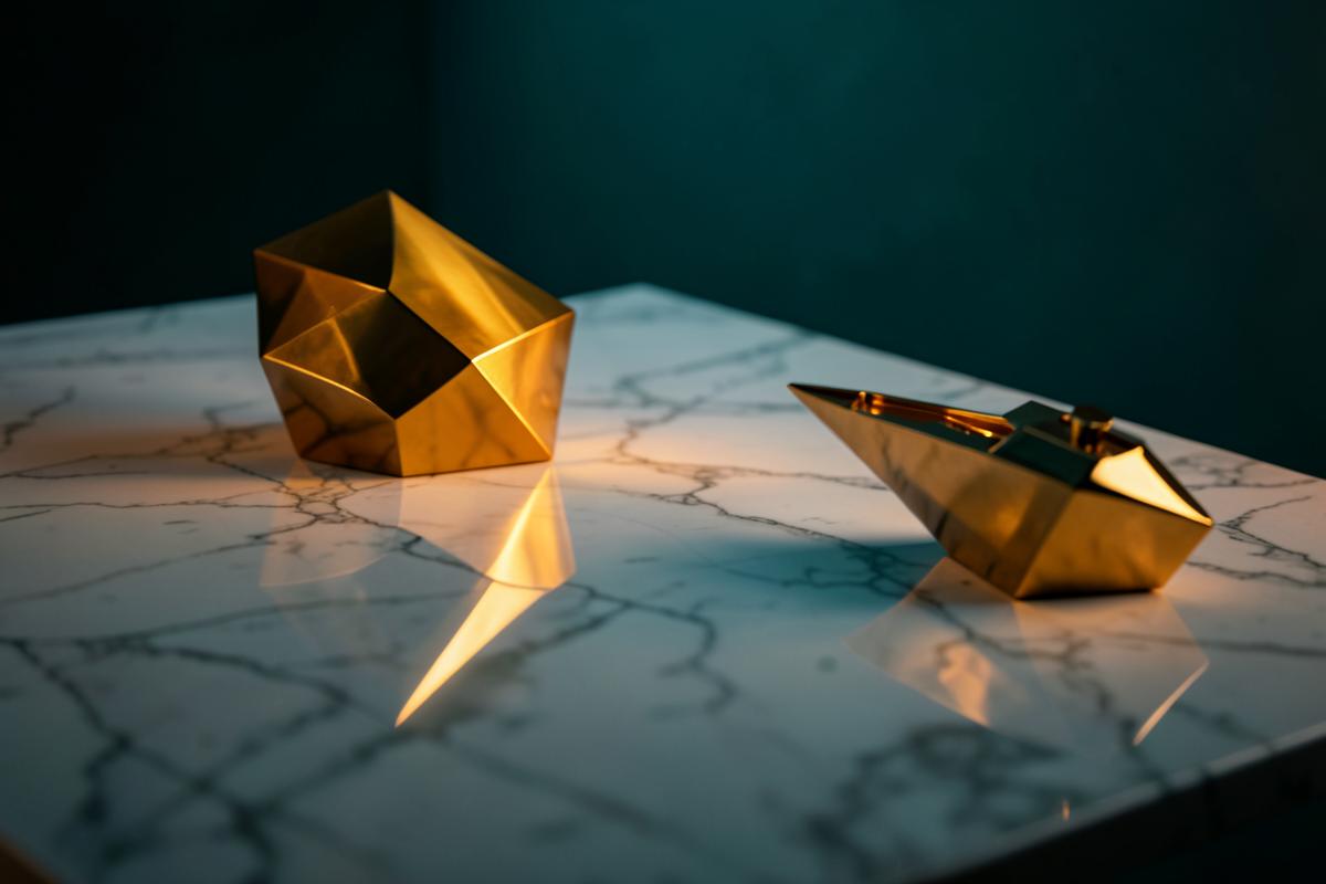 Polished marble and brass still life suggesting private wealth management
